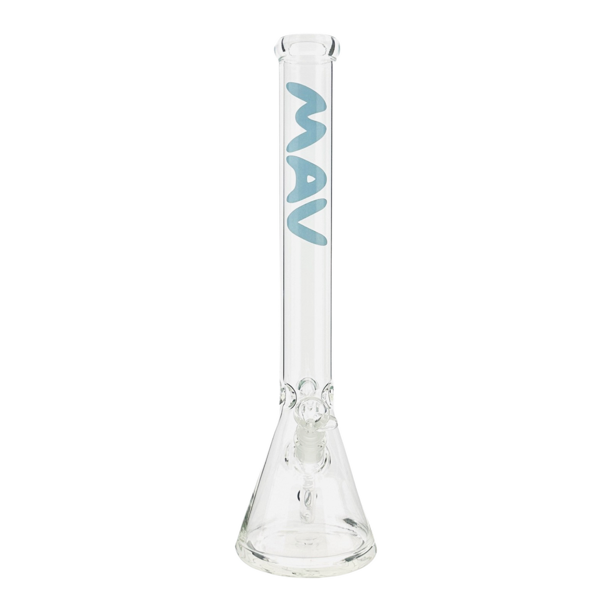 MAV Glass 18" Classic Beaker Bong, Clear with Blue Logo, Front View on White Background