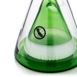Close-up of MAV Glass 18" Manhattan Pyramid Beaker base in green with logo