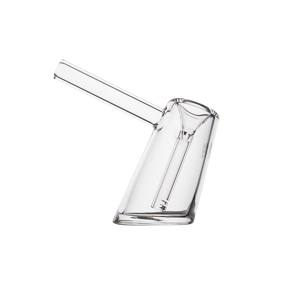 MJ Arsenal Fulcrum Bubbler, clear borosilicate glass, side view on a seamless white background