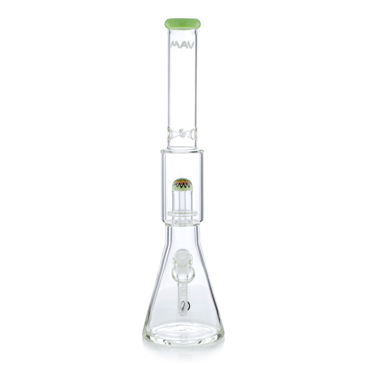 MAV Glass 19" Wig Wag Reversal UFO Beaker Bong with Clear Glass and Green Accents - Front View