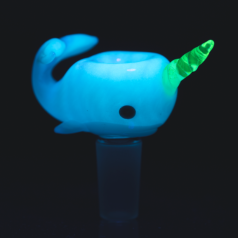 Empire Glassworks UV Radioactive Narwhal Bowl Piece, Glowing on Black Background