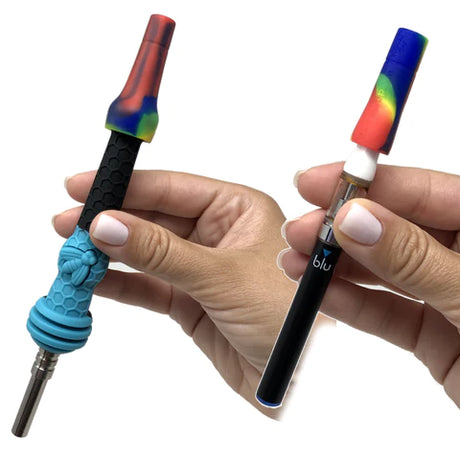Hand holding Weedgets Tic-Toke reusable filter tips in mixed colors, portable design for smoother smoking