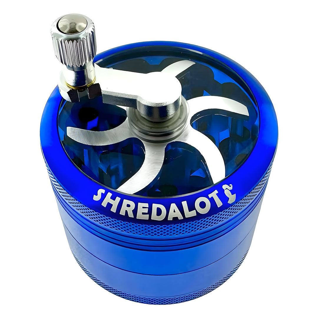 Sir Shredalot Crank top 4-part Grinder in Blue - Top Angle View with Sharp Teeth