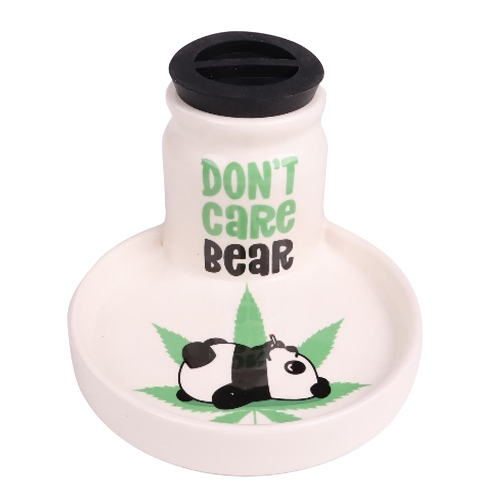 Front view of 2 in 1 Airtight Stashtray, Don't Care Bear design, green and white ceramic