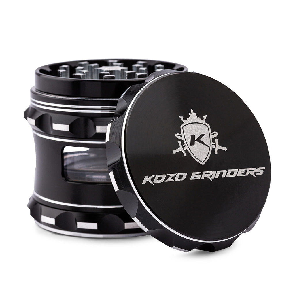 Kozo 2.5 inch window grinder in black, side viewing window with the lid tilted open to show the teeth