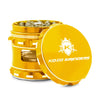 Kozo 2.5 inch window grinder in gold, side viewing window with the lid tilted open to show the teeth