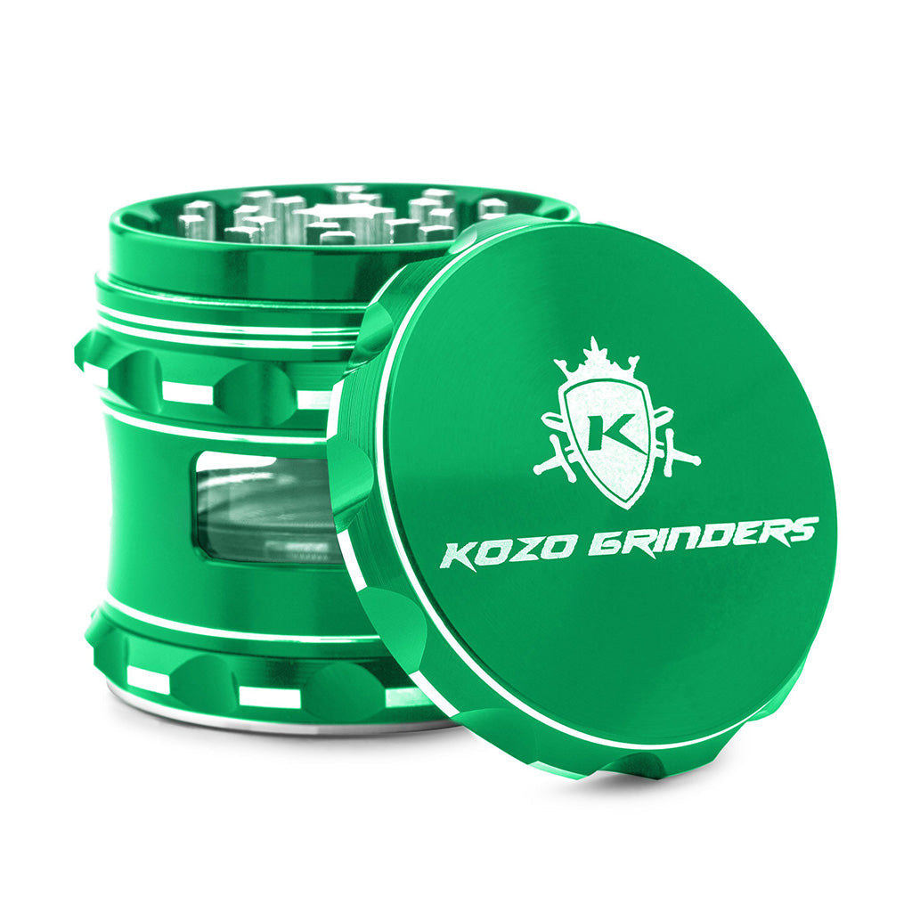 Kozo 2.5 inch window grinder in green, side viewing window with the lid tilted open to show the teeth