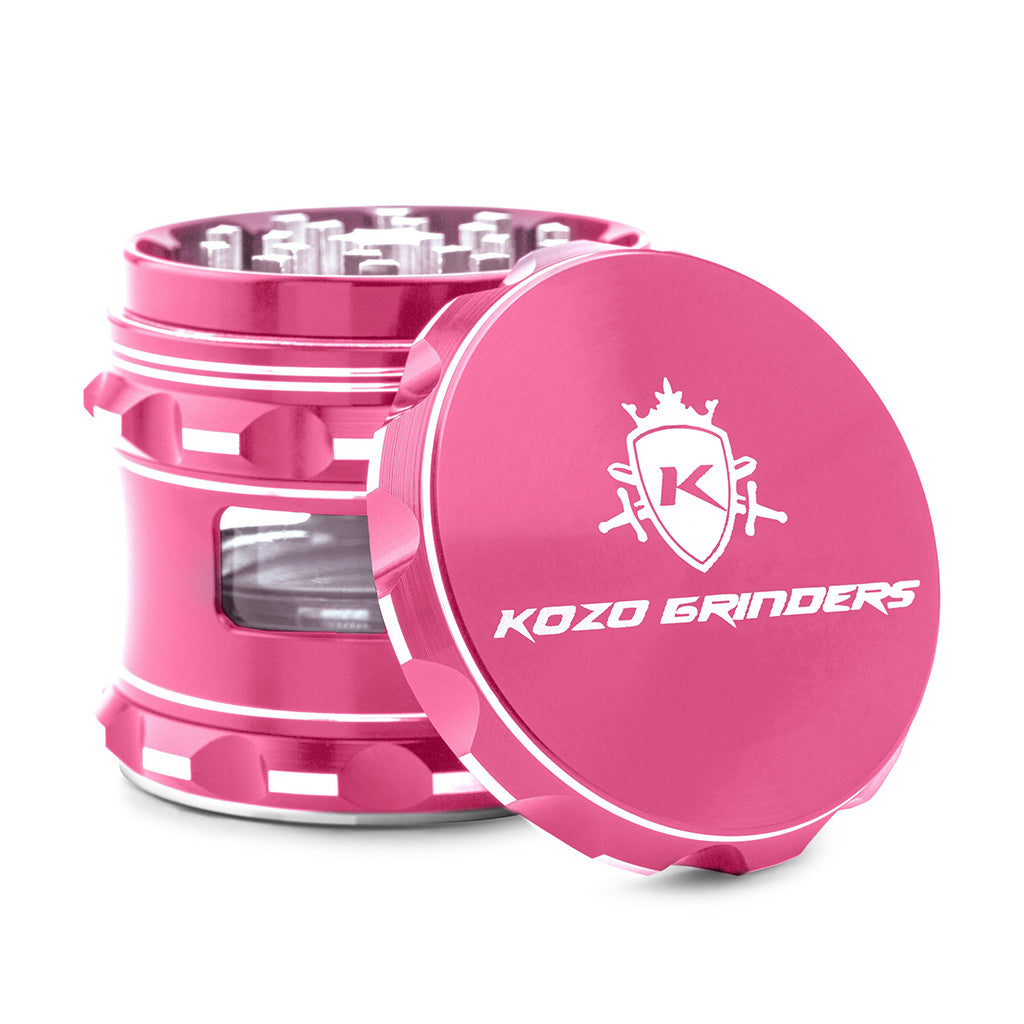 Kozo 2.5 inch window grinder in pink, side viewing window with the lid tilted open to show the teeth