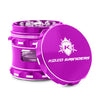 Kozo 2.5 inch window grinder in purple, side viewing window with the lid tilted open to show the teeth