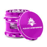 Kozo 2.5 inch window grinder in purple, side viewing window with the lid tilted open to show the teeth