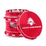 Kozo 2.5 inch window grinder in red, side viewing window with the lid tilted open to show the teeth