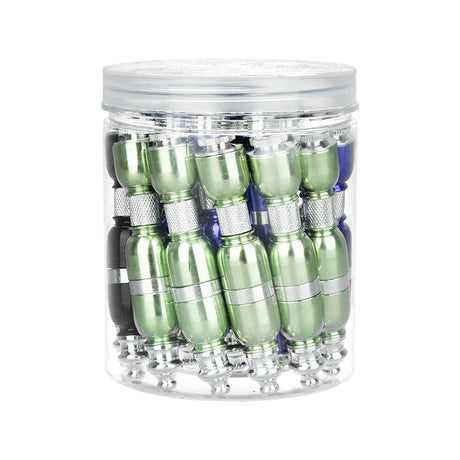 Jar of 20 assorted colors straight capped 3.75" metal pipes for smoking, front view
