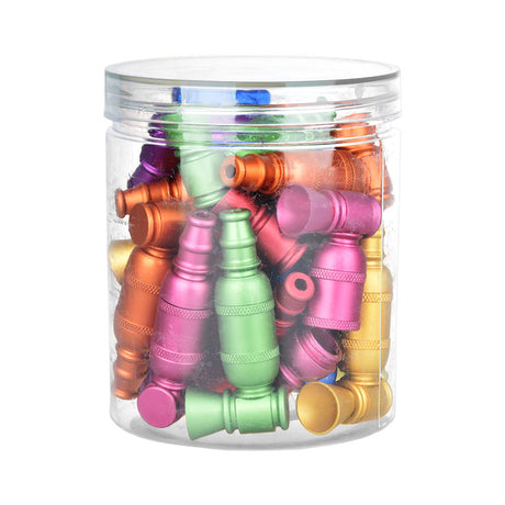 Transparent jug filled with assorted colors of matte aluminum 3" hand pipes