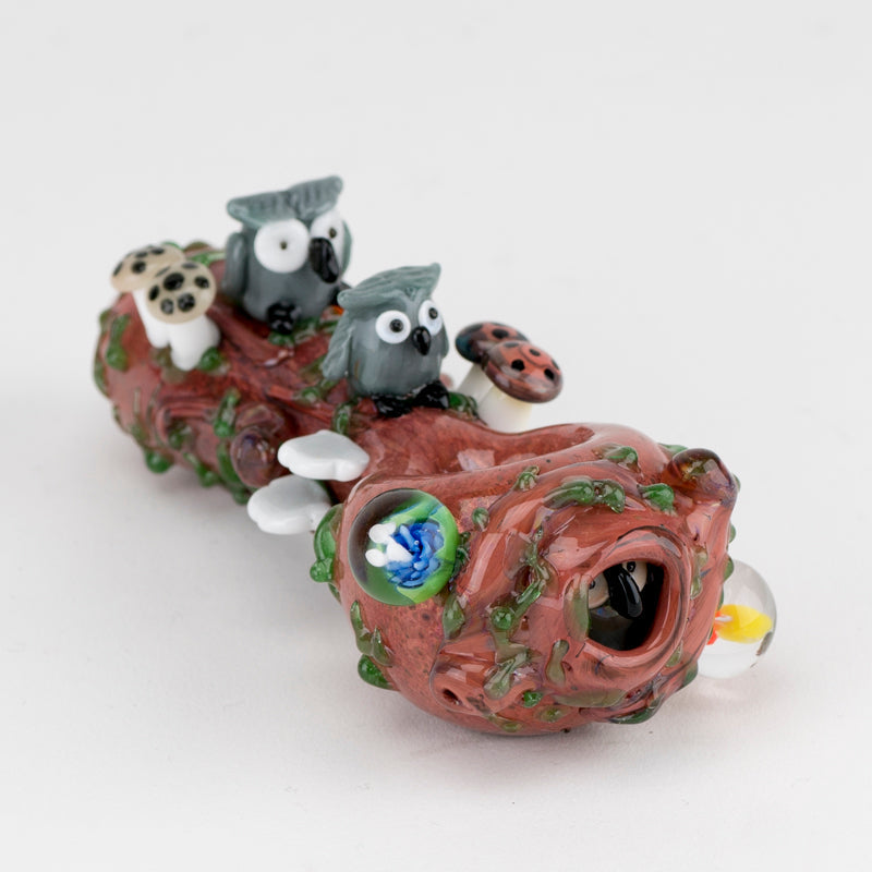 Empire Glassworks Hootie's Forest Small Spoon Pipe with intricate animal details, side view on white