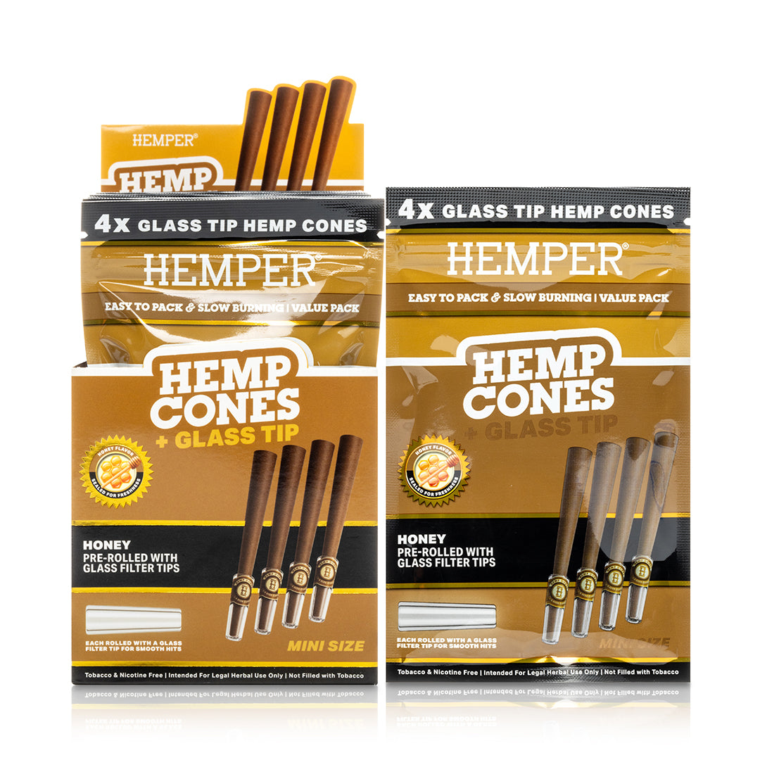 Pre-Rolled 4PK Mini Size Glass Tipped Hemp Cones | 12ct Display