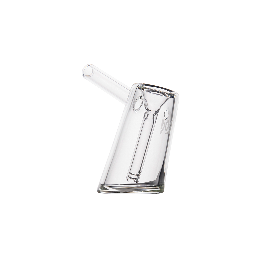 MJ Arsenal Fulcrum Bubbler in Borosilicate Glass, Angled Side View on White Background