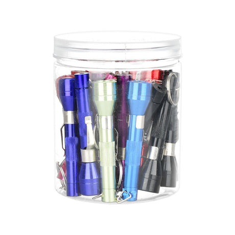 Assorted colors 25-piece jar of metal flashlight keychain pipes, 3.5" length, front view