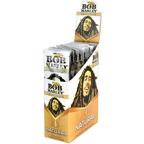 Bob Marley branded natural hemp wrap packs in a display box with Rasta colors