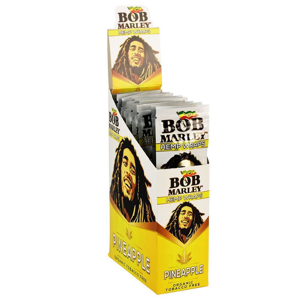 Bob Marley Hemp Wraps display box with pineapple flavor, 25 pack, front view