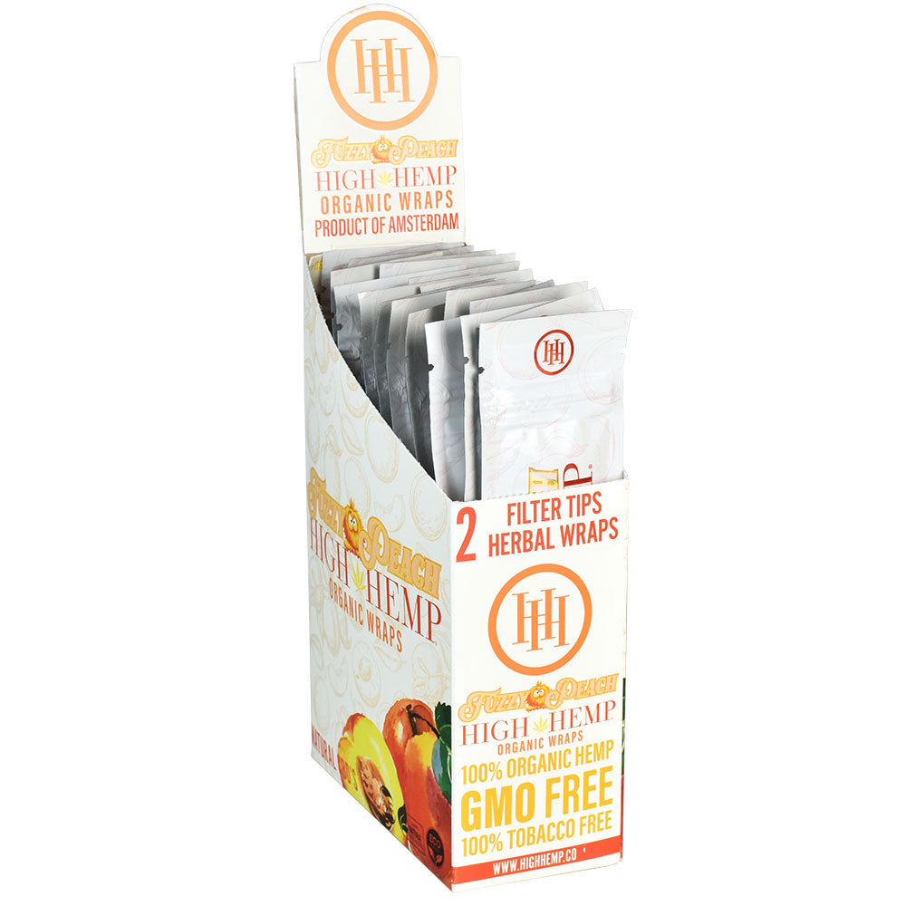 High Hemp Organic CBD Blunt Wraps 25 Pack Fuzzy Peach flavor, displayed in box, front view