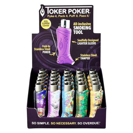 Toker Poker Lighter Sleeves 25-Pack in assorted colors displayed in box, front view