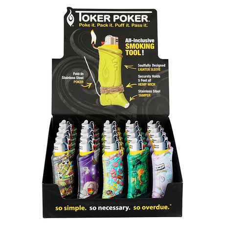 Assorted Toker Poker Lighter Sleeves display box with colorful designs, front view.