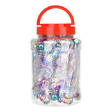 Jar containing 25 rainbow-colored 5" metal pipes for smoking, front view on a white background