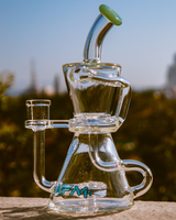 AFM 8.5" Hour Glass Clear Recycler Dab Rig with Showerhead Perc, side view on natural backdrop