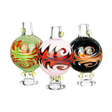 Trio of 28mm UV Thermal Worked Bubble Carb Caps in clear, green, red, and black swirl designs