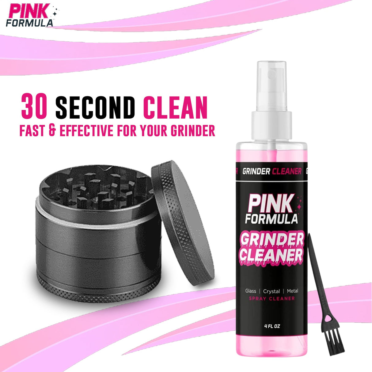 Pink Formula Grinder Cleaner 4oz bottle with spray nozzle, alongside a black grinder