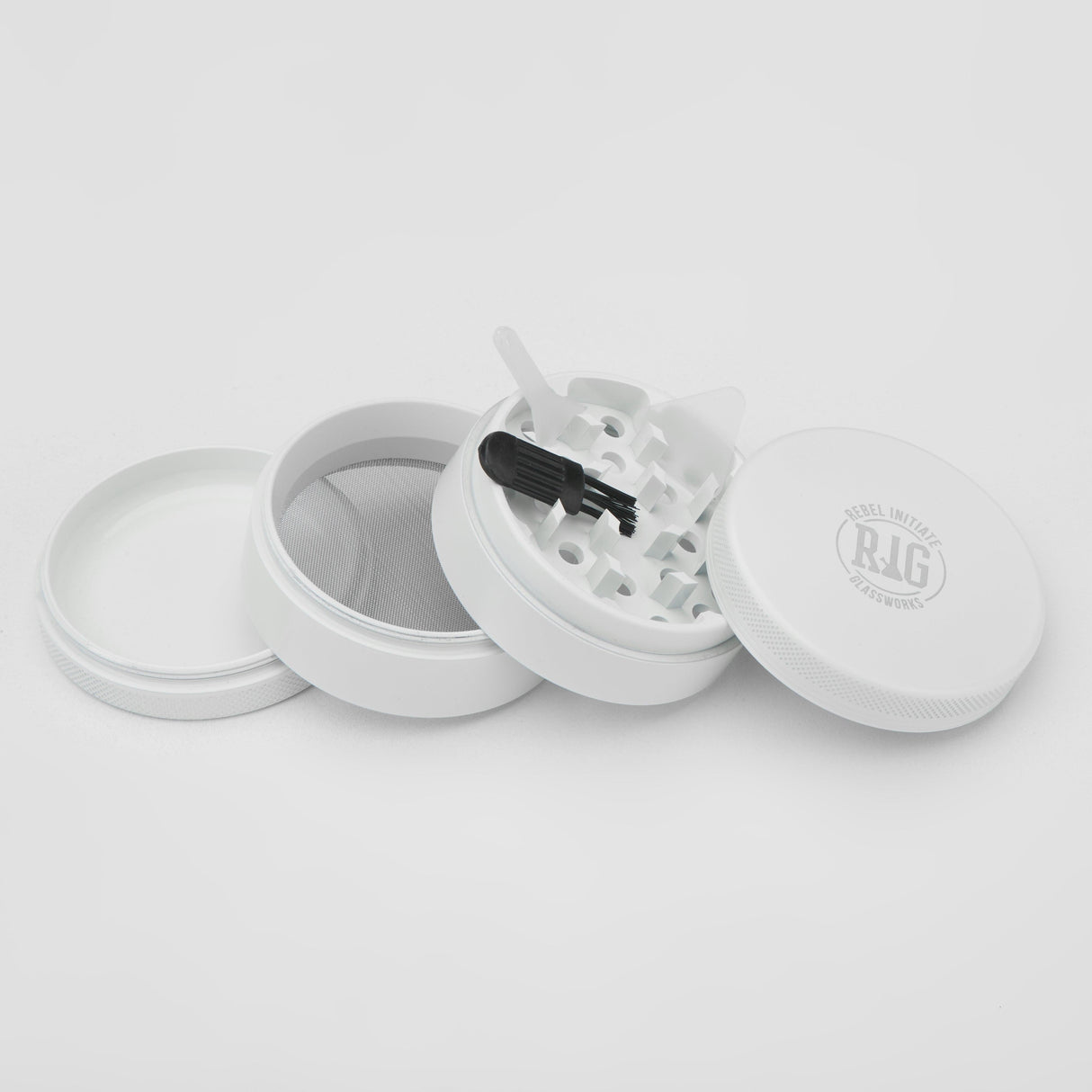 REBEL INITIATE GLASSWORKS 2.2" White Ceramic-coated Aluminum Grinder for Dry Herbs, Open View