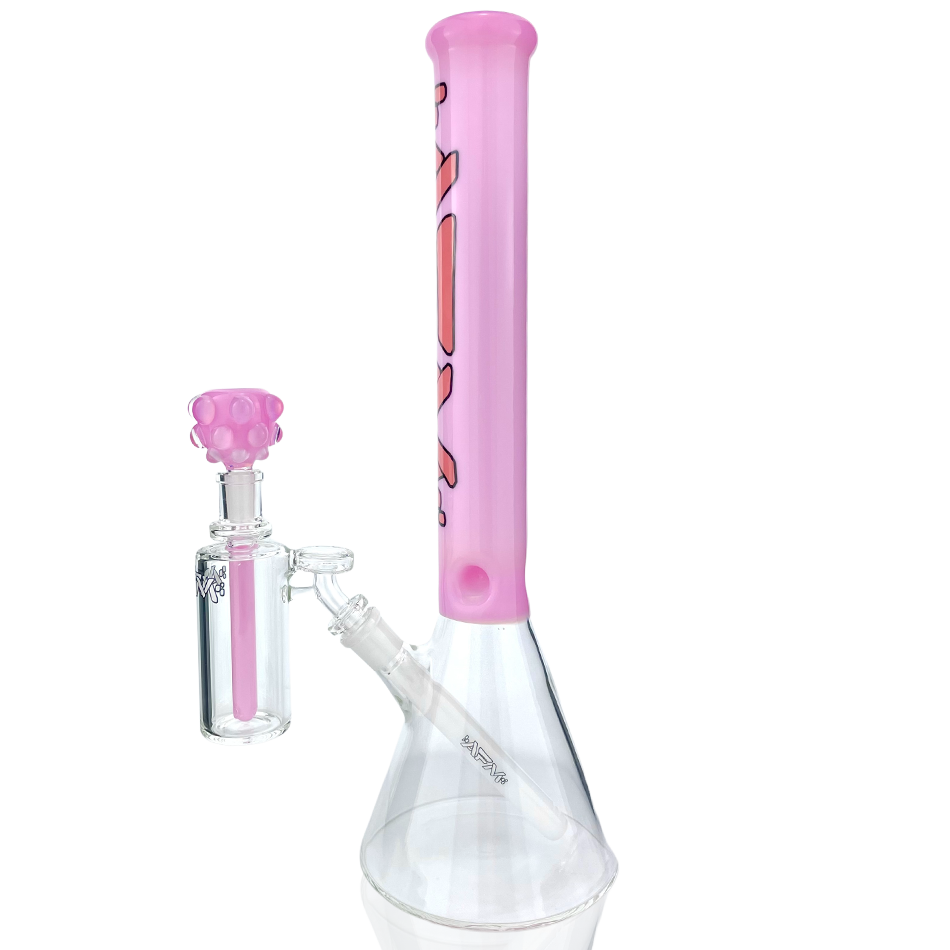 16" AFM Glass Pink Beaker Bong with Showerhead Perc, 14mm Female Joint, Front View