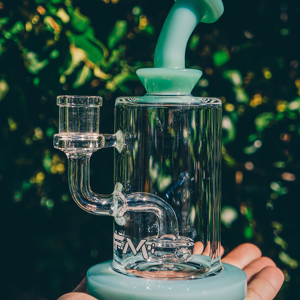 8" AFM Glass Dab Rig with Milky Circle Showerhead Perc and Bent Neck in Outdoor Setting