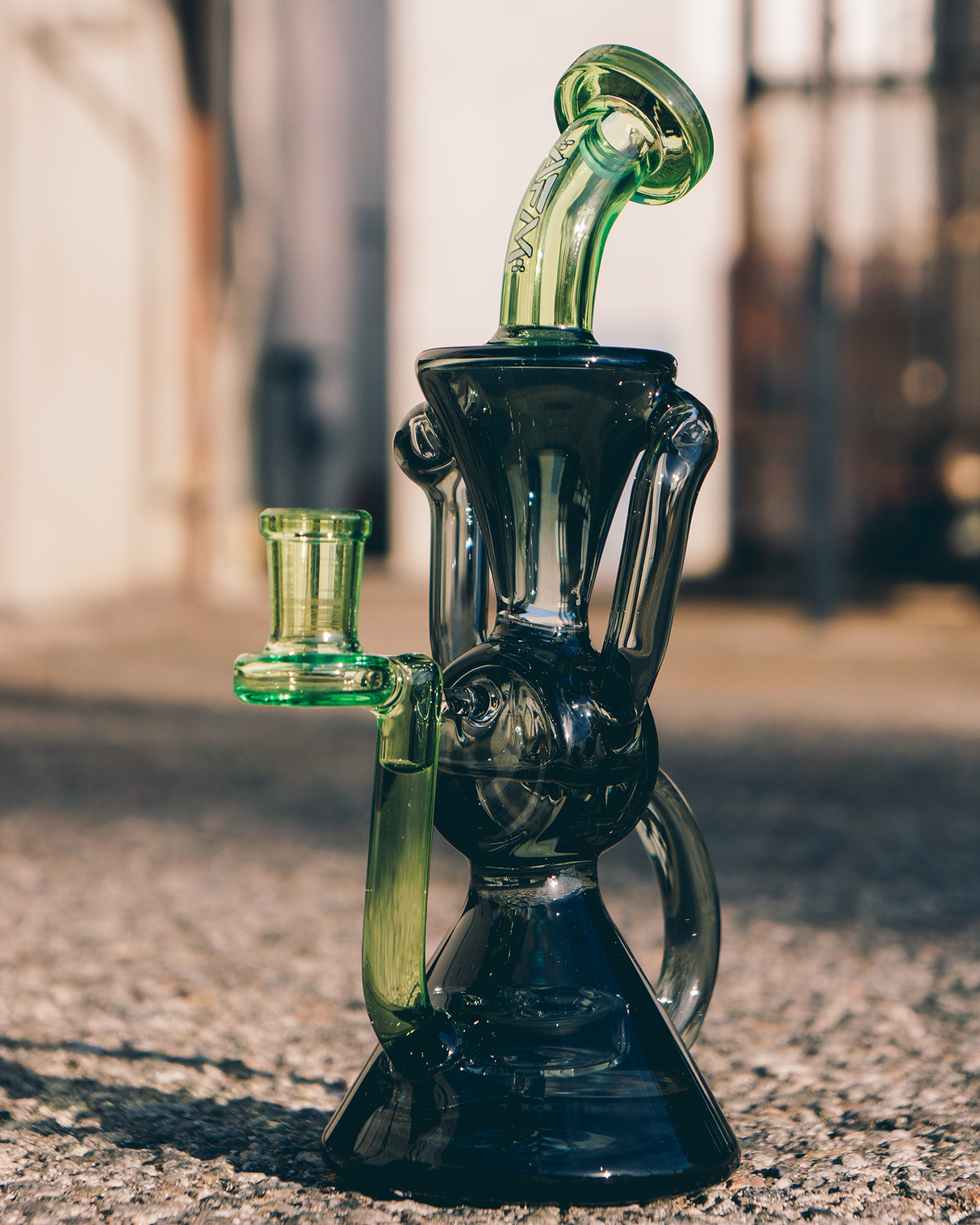 AFM Virgo Glass Recycler Dab Rig, 8.5", with Showerhead Perc, Side View on Concrete