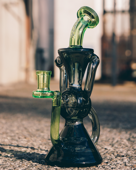 AFM Virgo Glass Recycler Dab Rig, 8.5", with Showerhead Perc, Side View on Concrete