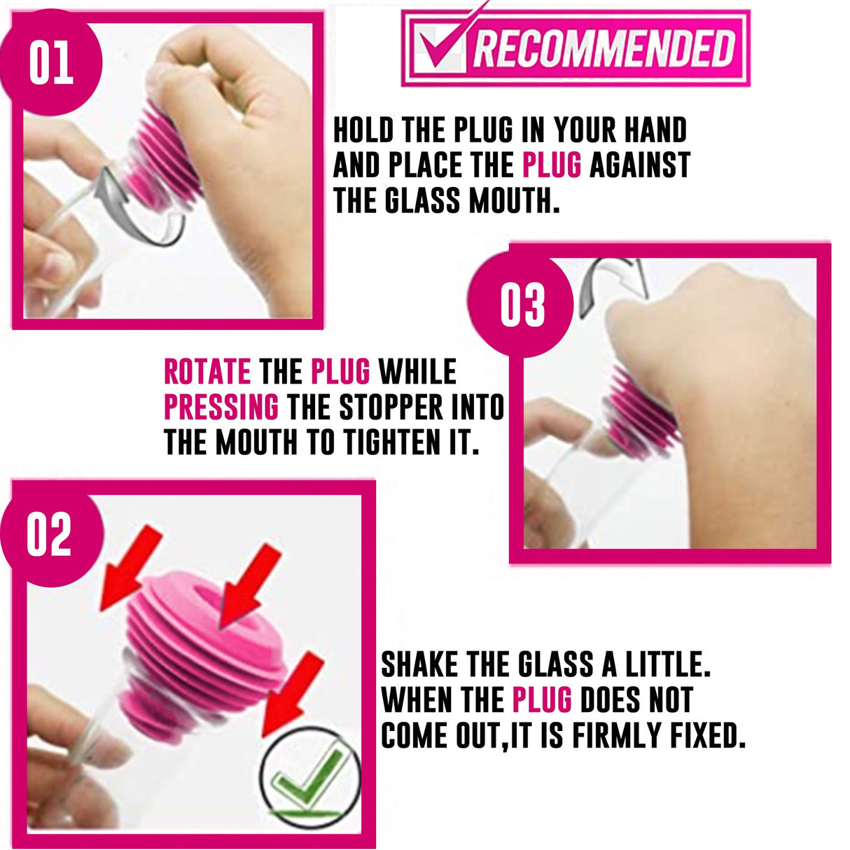 Pink Formula Glass Plug in use - Step-by-step secure fitting demonstration