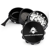 Kozo 2 inch four-piece aluminum grinder in black, split into four pieces with the pollen scraper