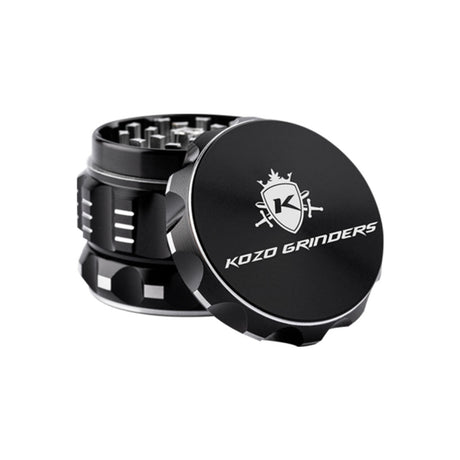 Kozo 2 inch four-piece aluminum grinder in black, lid tilted open beside the toothed grinding chamber