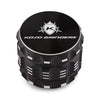 Kozo 2 inch four-piece aluminum grinder in black, closed front view of the body with the Kozo logo lid
