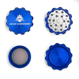 Kozo 2 inch four-piece aluminum grinder in blue, four pieces laid flat showing lid, teeth, screen and base