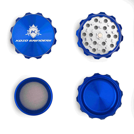 Kozo 2 inch four-piece aluminum grinder in blue, four pieces laid flat showing lid, teeth, screen and base