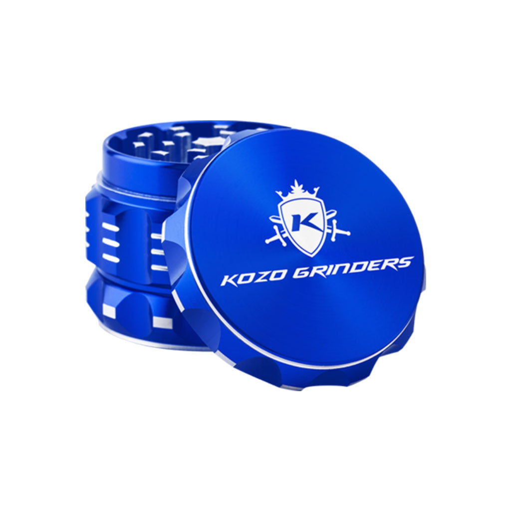 Kozo 2 inch four-piece aluminum grinder in blue, lid tilted open beside the toothed grinding chamber