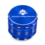 Kozo 2 inch four-piece aluminum grinder in blue, closed front view of the body with the Kozo logo lid