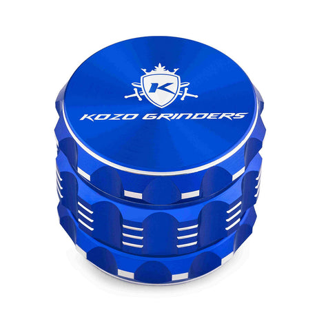 Kozo 2 inch four-piece aluminum grinder in blue, closed front view of the body with the Kozo logo lid