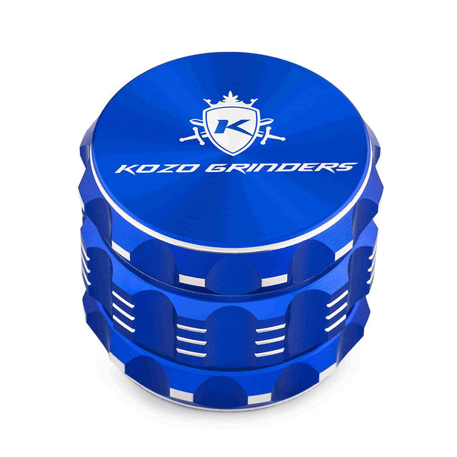 Kozo 2 inch four-piece aluminum grinder in blue, closed front view of the body with the Kozo logo lid