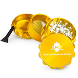 Kozo 2 inch four-piece aluminum grinder in gold, split into four pieces with the pollen scraper