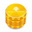 Kozo 2 inch four-piece aluminum grinder in gold, closed front view of the body with the Kozo logo lid