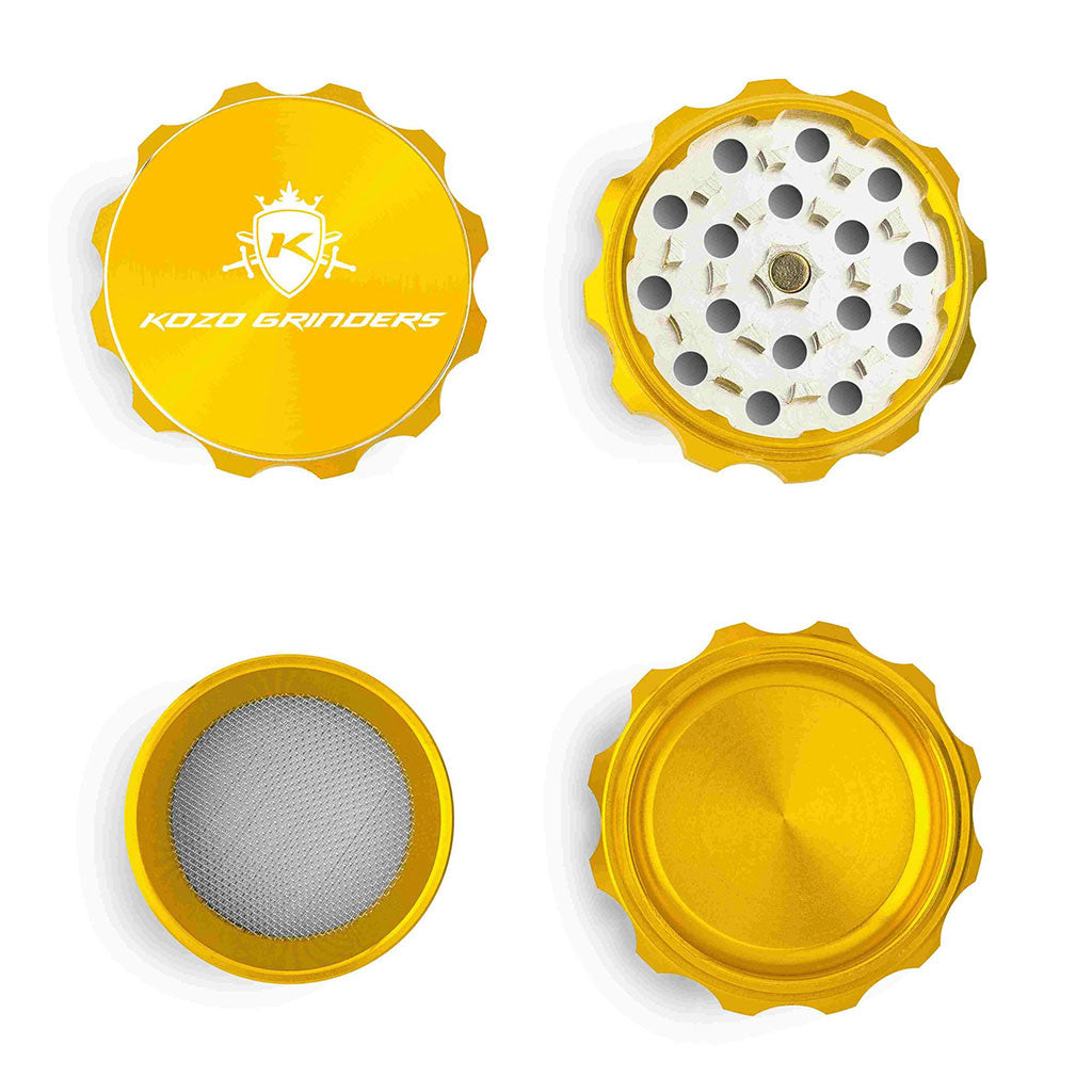 Kozo 2 inch four-piece aluminum grinder in gold, four pieces laid flat showing lid, teeth, screen and base