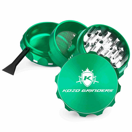 Kozo 2 inch four-piece aluminum grinder in green, split into four pieces with the pollen scraper