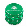 Kozo 2 inch four-piece aluminum grinder in green, closed front view of the body with the Kozo logo lid